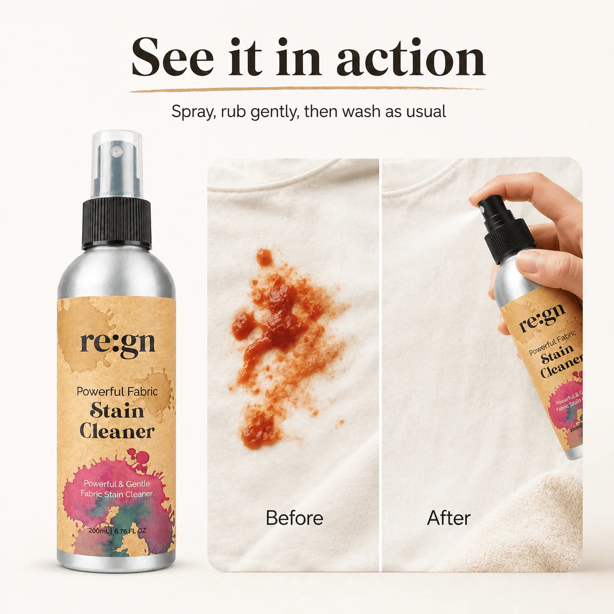 Fabric Stain Cleaner Spray 200ml | Plant-Based Pre-Wash Stain Remover | By re:gn - Image 5