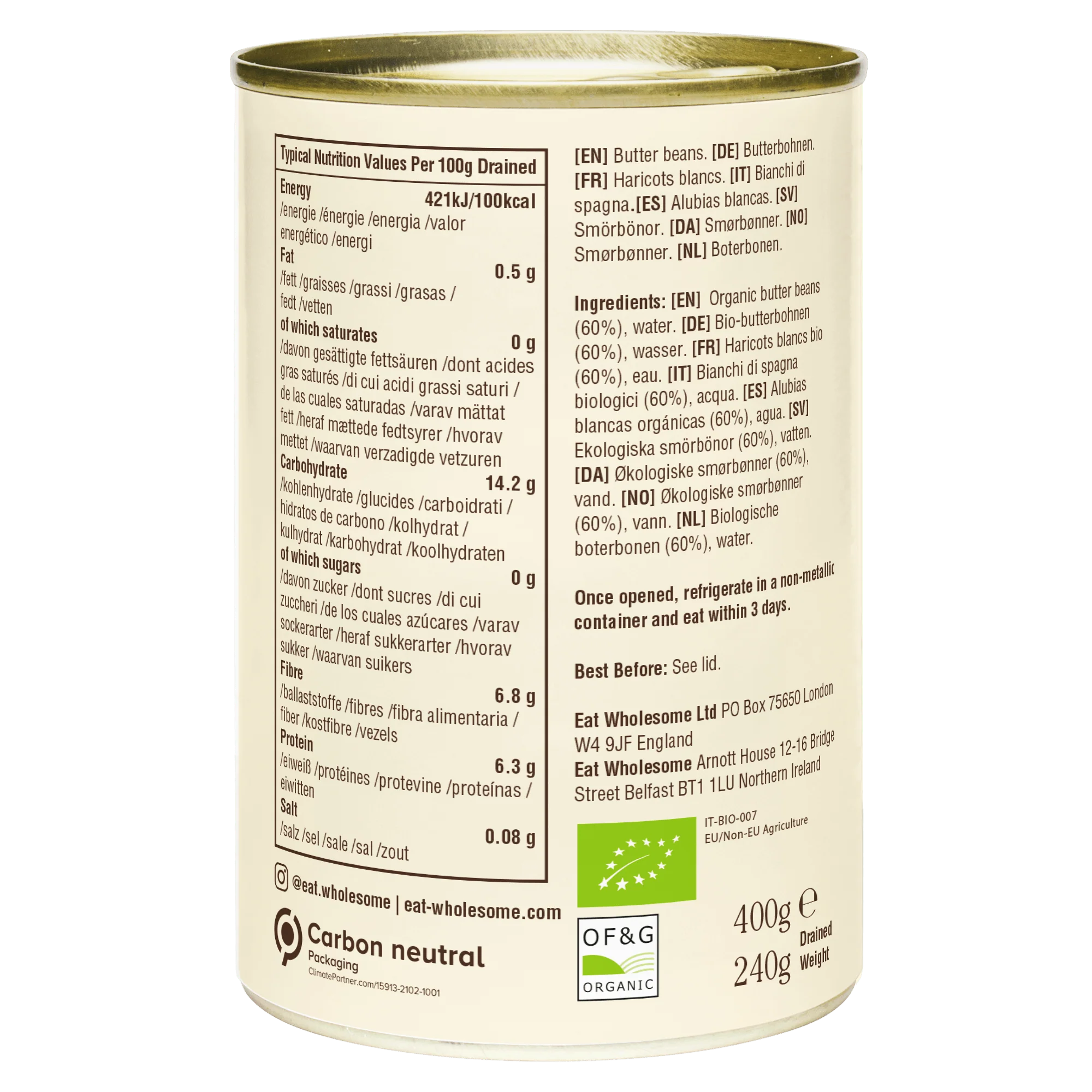 Eat Wholesome Organic Butter Beans 400g | No Added Salt - Image 2