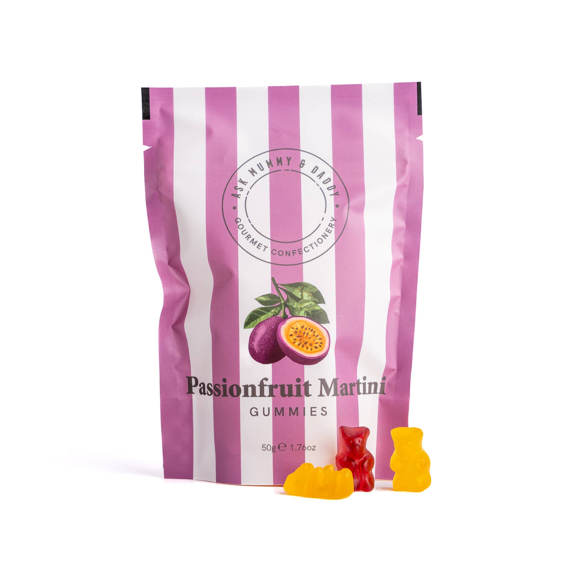 Ask Mummy & Daddy Passionfruit Martini Gummies 50g Pouch – Passionfruit Bear Sweets - Image 2